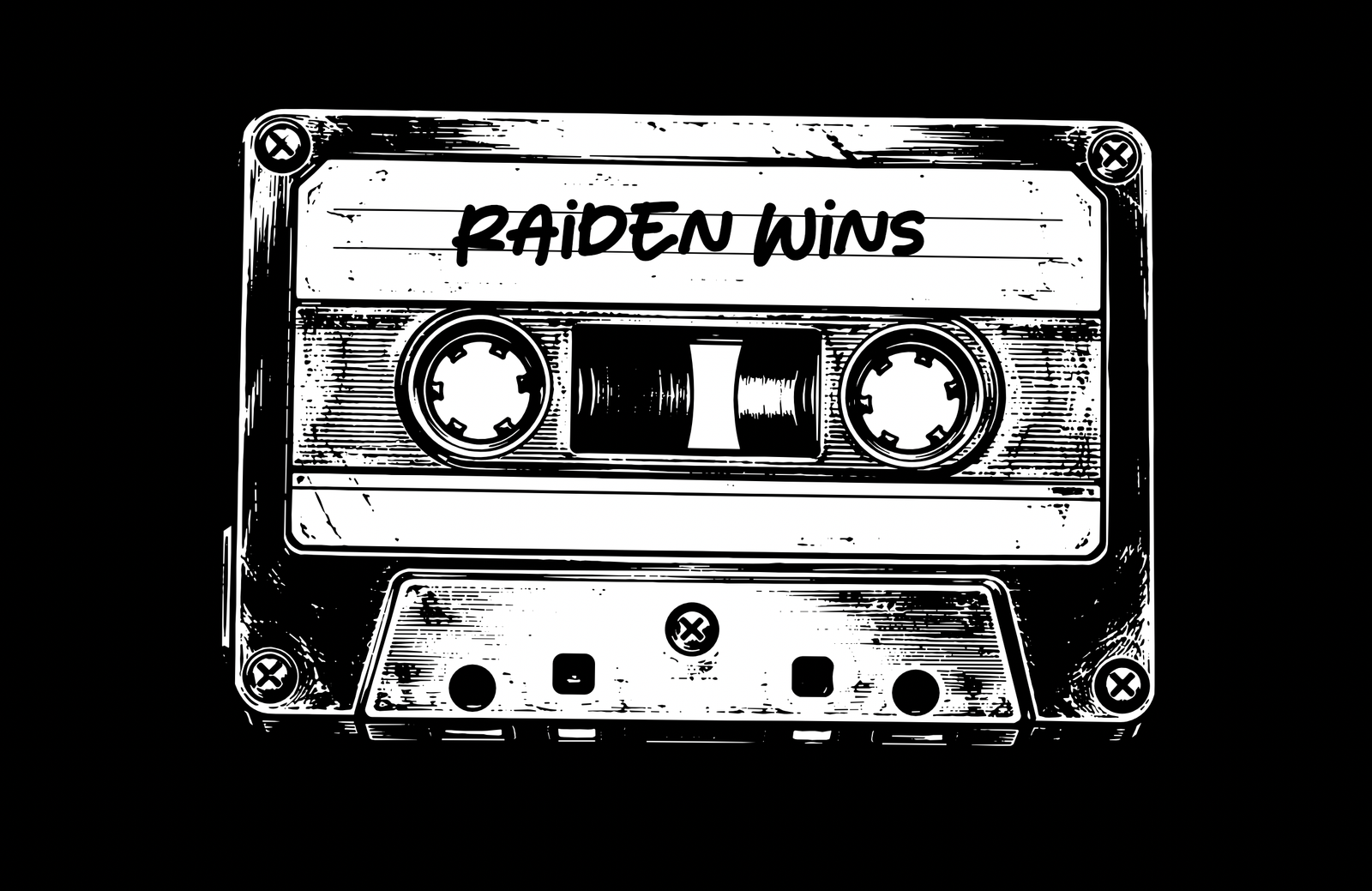 Black and white illustrated cassette with a handwritten Raiden Wins label
